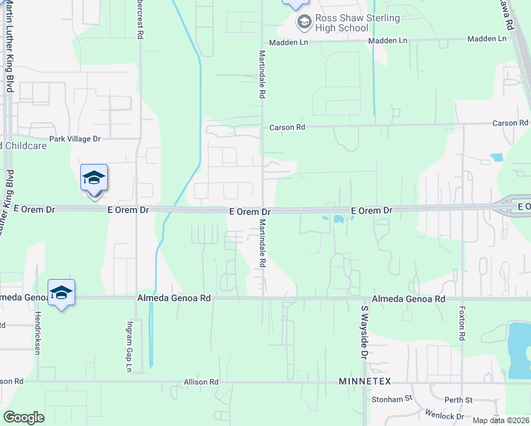 map of restaurants, bars, coffee shops, grocery stores, and more near 12602 Martindale Road in Houston