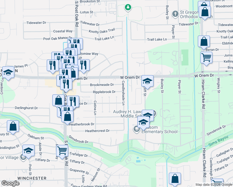 map of restaurants, bars, coffee shops, grocery stores, and more near 13906 Nitida Street in Houston