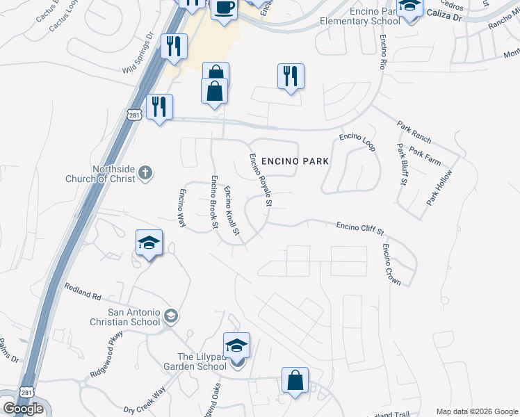 map of restaurants, bars, coffee shops, grocery stores, and more near 19714 Encino Glen Street in San Antonio