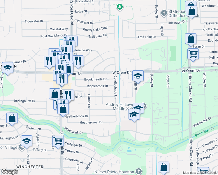 map of restaurants, bars, coffee shops, grocery stores, and more near 13906 Nitida Street in Houston