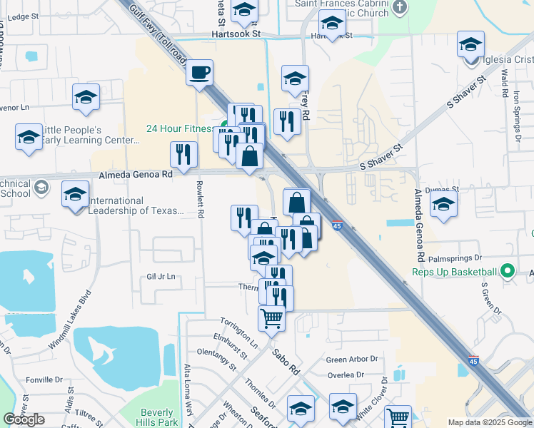 map of restaurants, bars, coffee shops, grocery stores, and more near 9950 Kleckley Dr in Houston