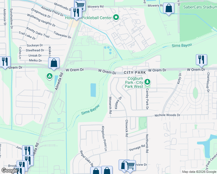 map of restaurants, bars, coffee shops, grocery stores, and more near 12574 Chiswick Road in Houston
