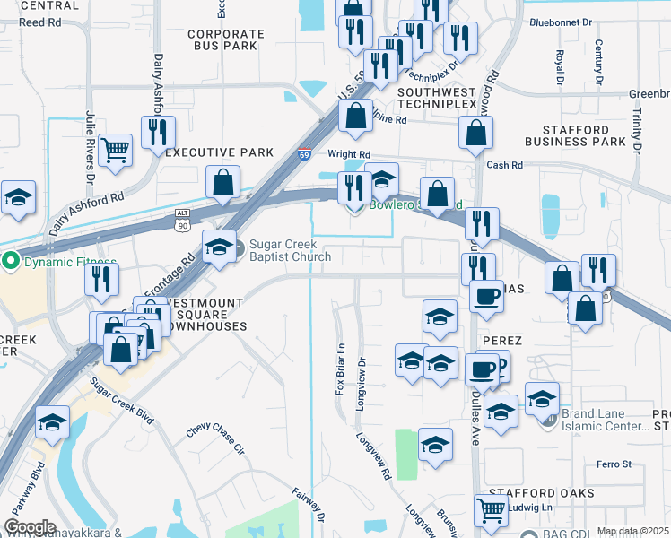 map of restaurants, bars, coffee shops, grocery stores, and more near 3150 Country Club Boulevard in Stafford