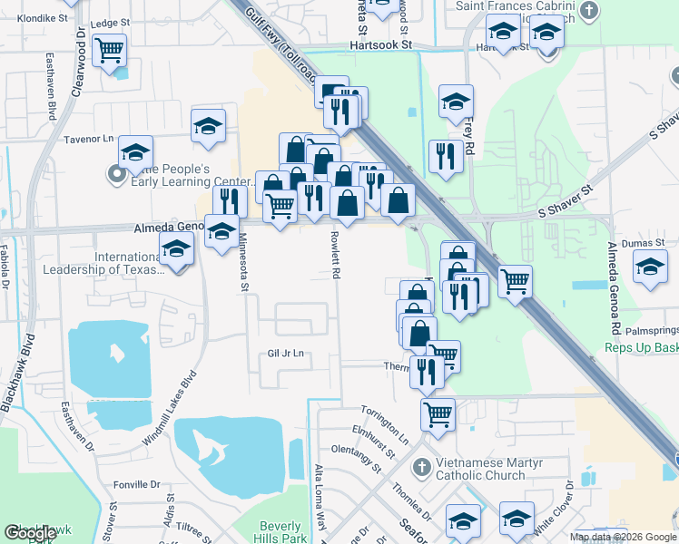 map of restaurants, bars, coffee shops, grocery stores, and more near 9900 Rowlett Road in Houston