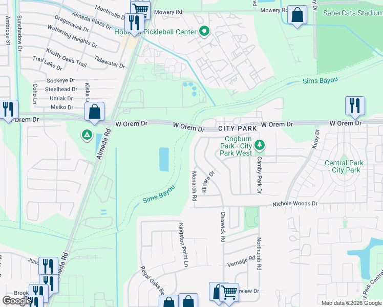 map of restaurants, bars, coffee shops, grocery stores, and more near 12574 Chiswick Road in Houston