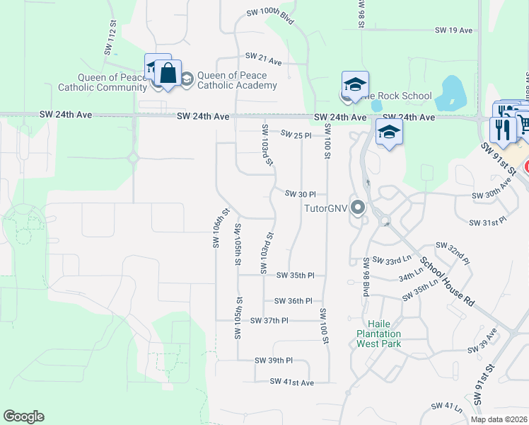 map of restaurants, bars, coffee shops, grocery stores, and more near 10309 Southwest 32nd Avenue in Gainesville