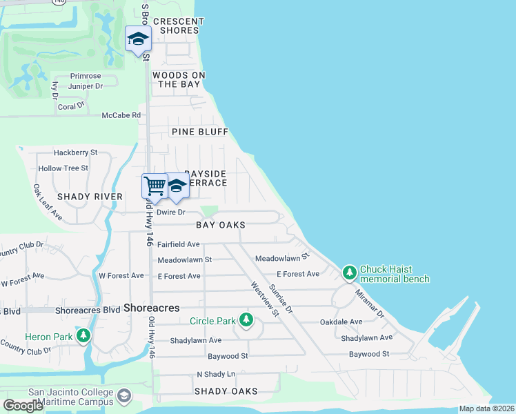 map of restaurants, bars, coffee shops, grocery stores, and more near 122 Bay Oaks Drive in La Porte