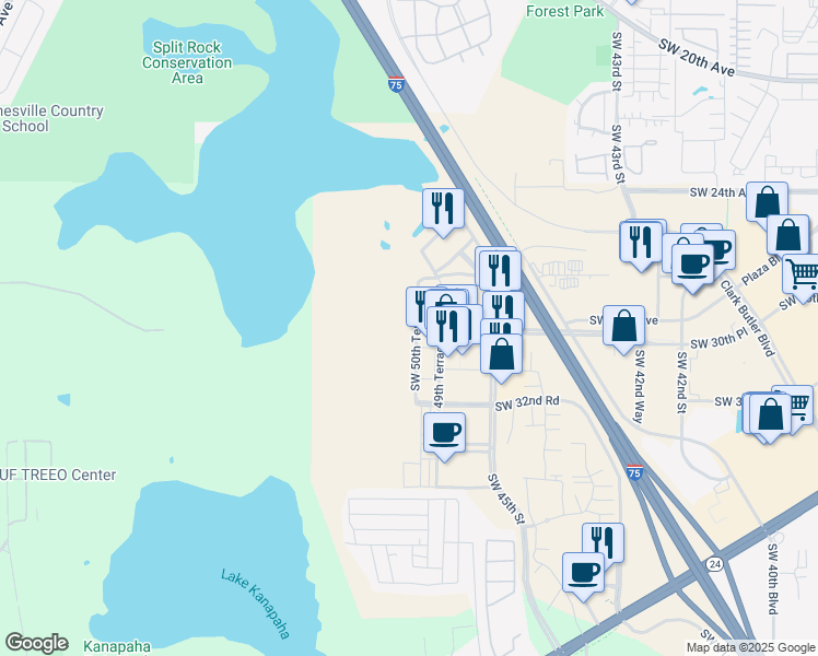map of restaurants, bars, coffee shops, grocery stores, and more near 2970 Southwest 50th Terrace in Gainesville