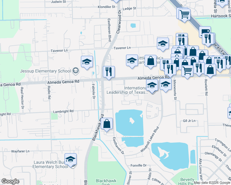 map of restaurants, bars, coffee shops, grocery stores, and more near 9901 Easthaven Boulevard in Houston