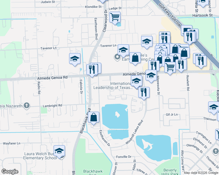 map of restaurants, bars, coffee shops, grocery stores, and more near 9759 Windwater Drive in Houston