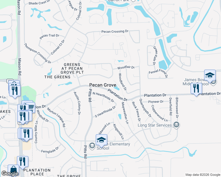 map of restaurants, bars, coffee shops, grocery stores, and more near 1515 Plantation Drive in Richmond