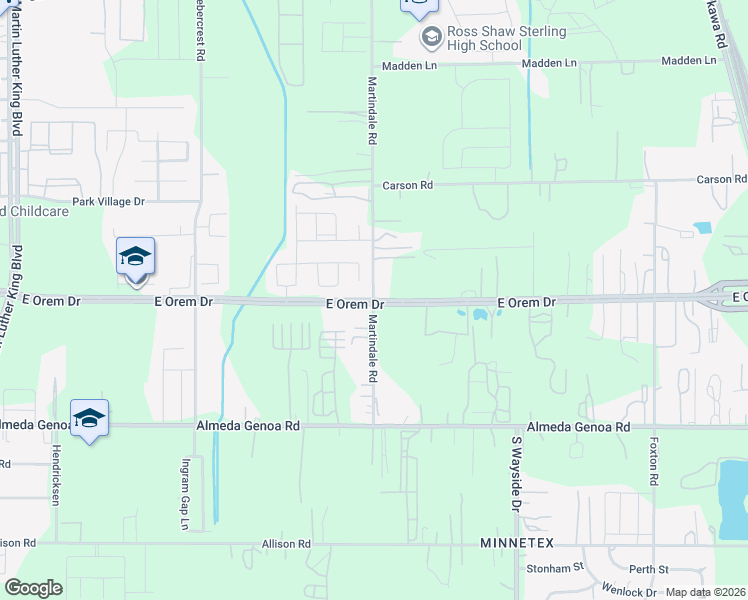 map of restaurants, bars, coffee shops, grocery stores, and more near East Orem Drive in Houston