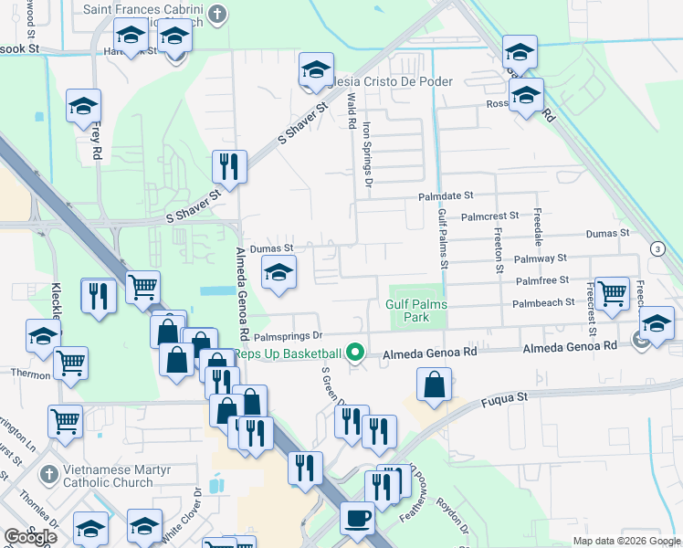 map of restaurants, bars, coffee shops, grocery stores, and more near 20 th Street in Houston