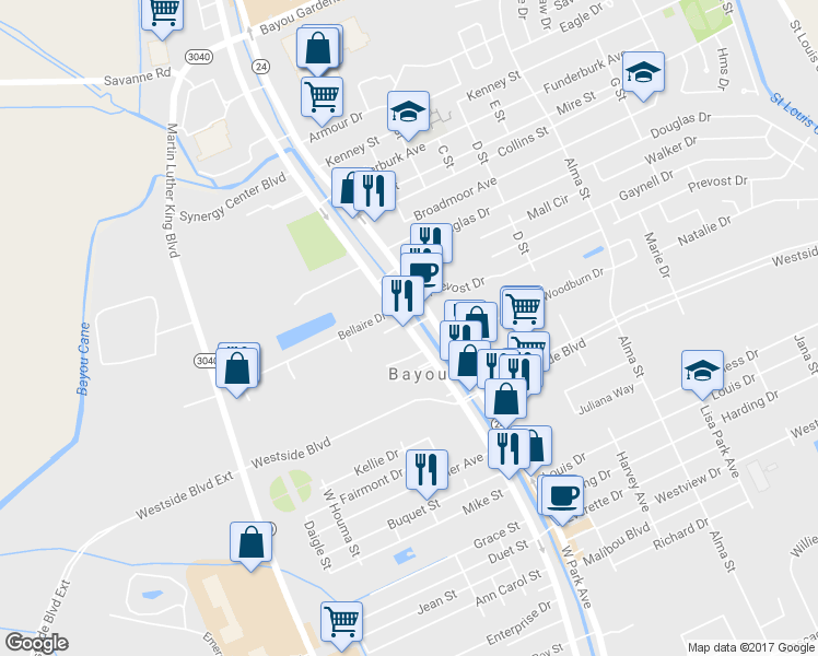 map of restaurants, bars, coffee shops, grocery stores, and more near 6250 West Main Street in Houma