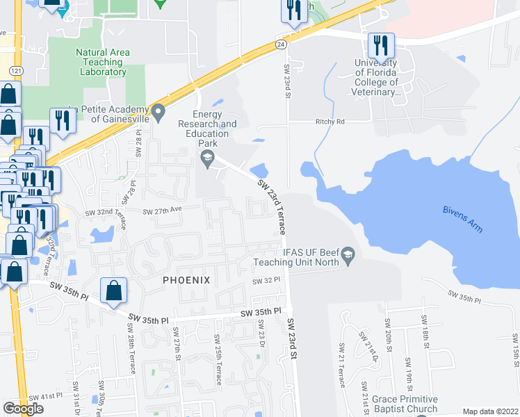 map of restaurants, bars, coffee shops, grocery stores, and more near 2900 Southwest 23rd Terrace in Gainesville