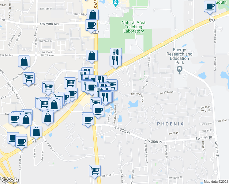 map of restaurants, bars, coffee shops, grocery stores, and more near 3301 Southwest 32nd Terrace in Gainesville