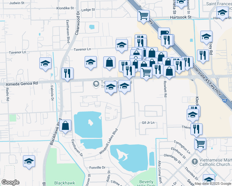 map of restaurants, bars, coffee shops, grocery stores, and more near 9994 Windmill Lakes Boulevard in Houston