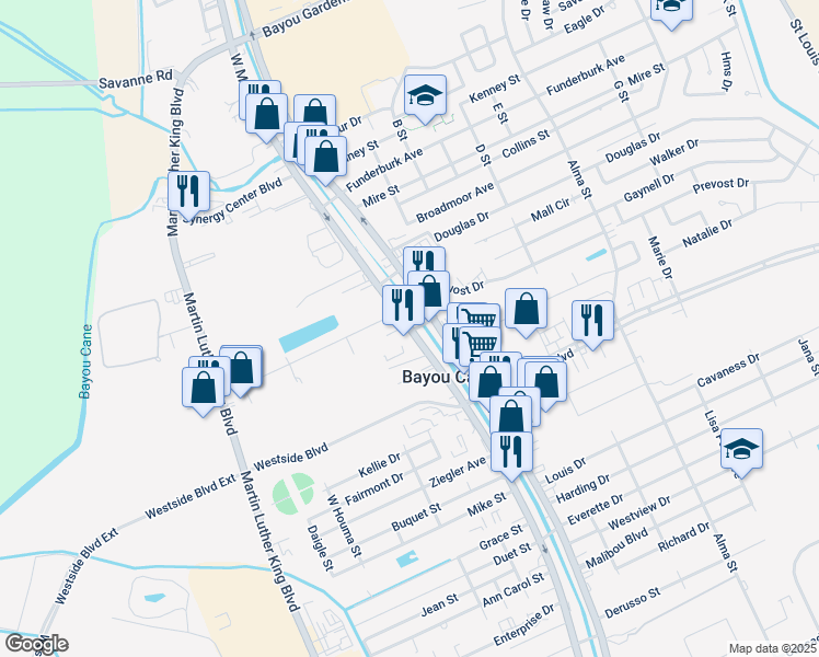 map of restaurants, bars, coffee shops, grocery stores, and more near Main Street in Houma