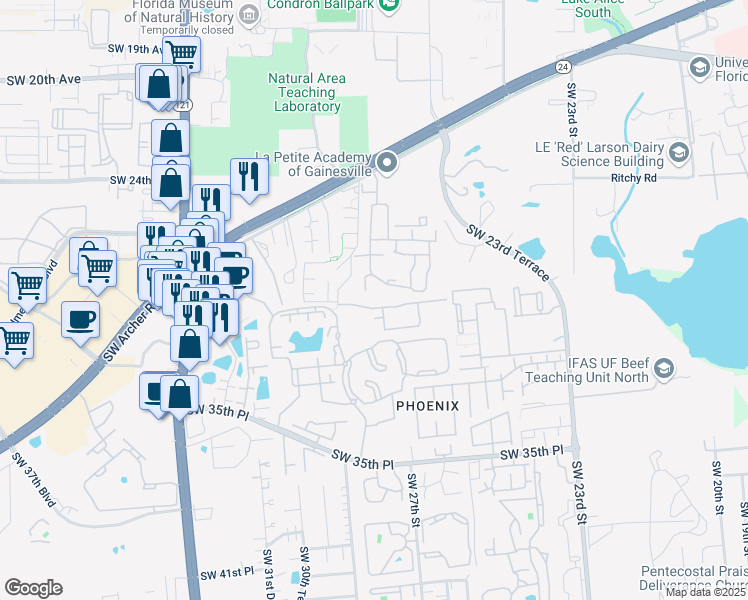 map of restaurants, bars, coffee shops, grocery stores, and more near 2777 Southwest Archer Road in Gainesville