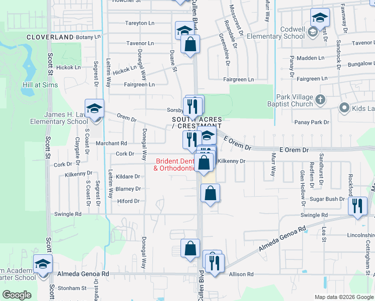 map of restaurants, bars, coffee shops, grocery stores, and more near 12602 Cullen Boulevard in Houston