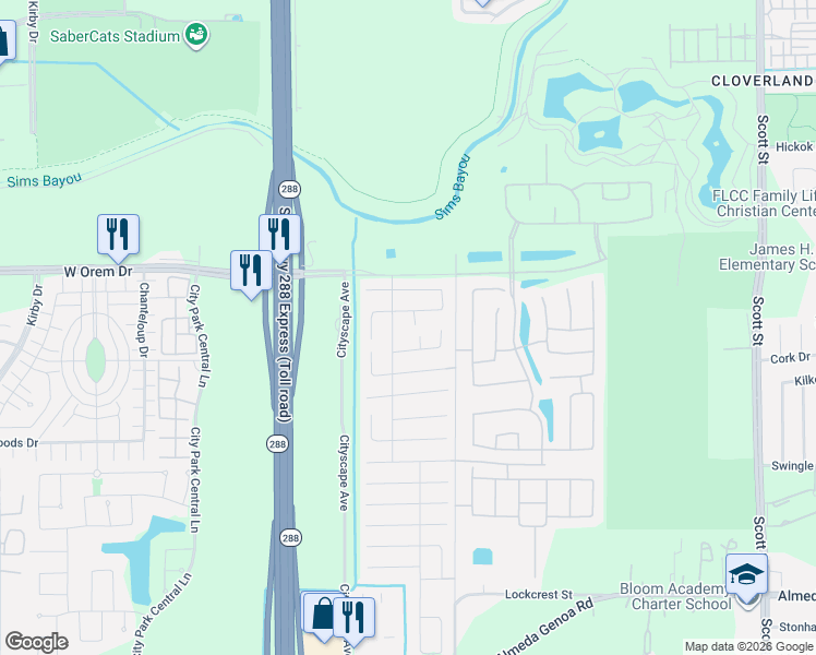 map of restaurants, bars, coffee shops, grocery stores, and more near 2619 Skyview Long Drive in Houston
