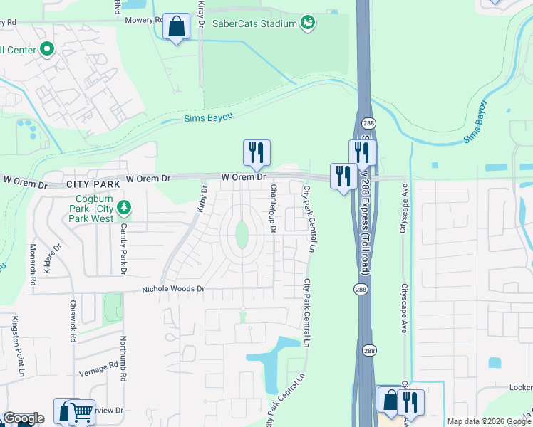 map of restaurants, bars, coffee shops, grocery stores, and more near 11720 Chanteloup Drive in Houston