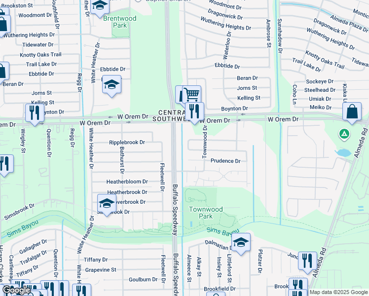 map of restaurants, bars, coffee shops, grocery stores, and more near 3534 Ripplebrook Drive in Houston