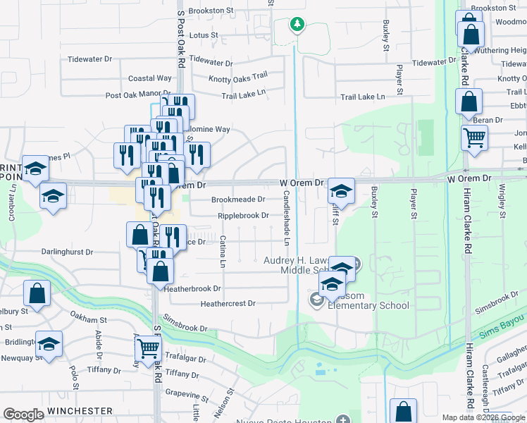 map of restaurants, bars, coffee shops, grocery stores, and more near 5126 Brookmeade Drive in Houston
