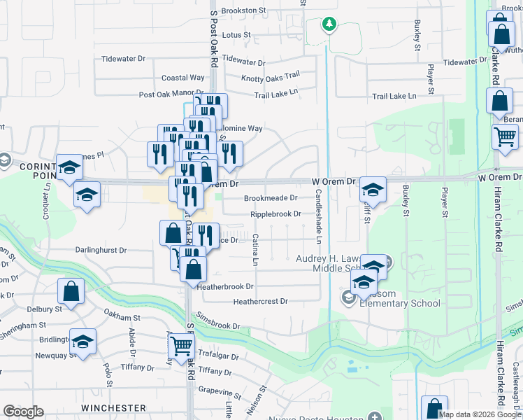 map of restaurants, bars, coffee shops, grocery stores, and more near 5218 Brookmeade Drive in Houston