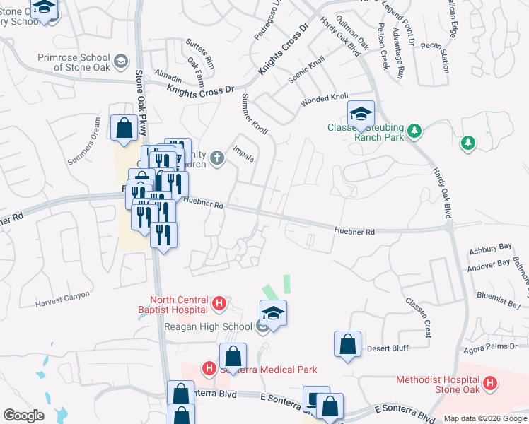 map of restaurants, bars, coffee shops, grocery stores, and more near 20627 Huebner Road in San Antonio