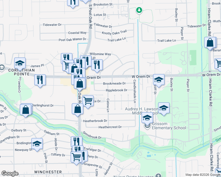 map of restaurants, bars, coffee shops, grocery stores, and more near 5218 Brookmeade Drive in Houston