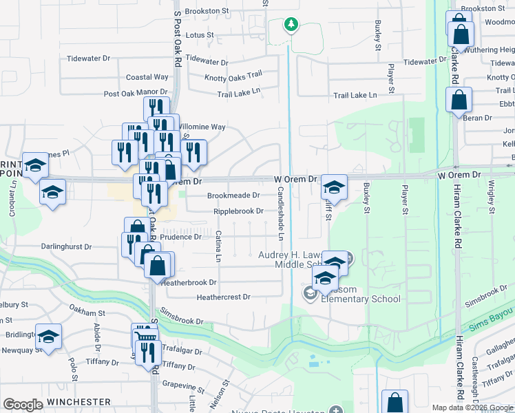 map of restaurants, bars, coffee shops, grocery stores, and more near 5126 Brookmeade Drive in Houston