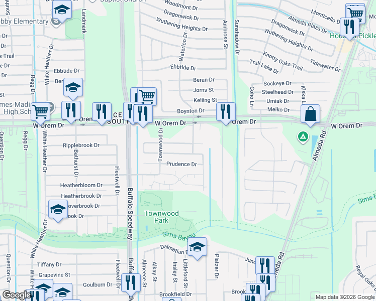 map of restaurants, bars, coffee shops, grocery stores, and more near 3302 Ripplebrook Drive in Houston