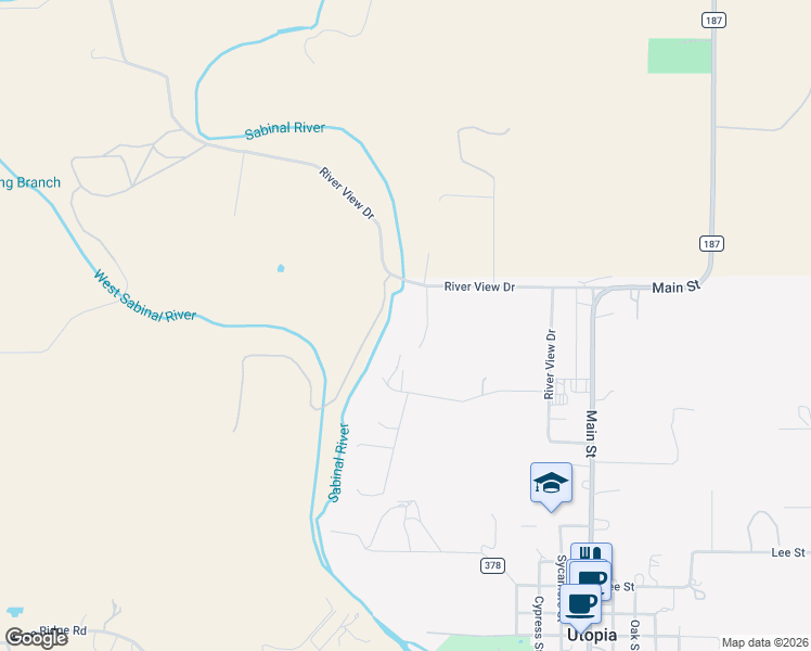 map of restaurants, bars, coffee shops, grocery stores, and more near River View Drive in Utopia