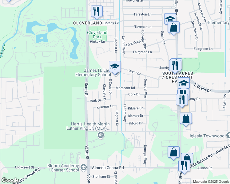 map of restaurants, bars, coffee shops, grocery stores, and more near 12610 Segrest Drive in Houston
