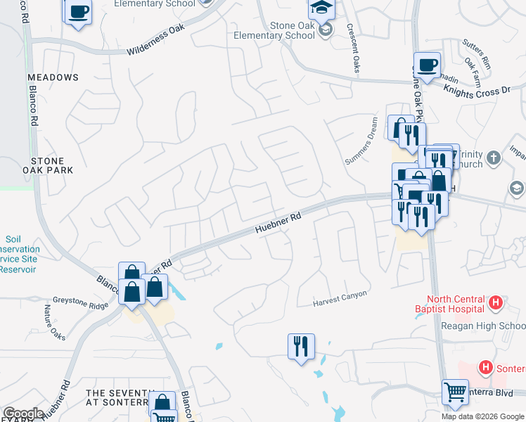 map of restaurants, bars, coffee shops, grocery stores, and more near 706 Pepper Oak in San Antonio