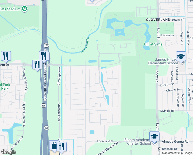 map of restaurants, bars, coffee shops, grocery stores, and more near 12526 Fleet River Road in Houston