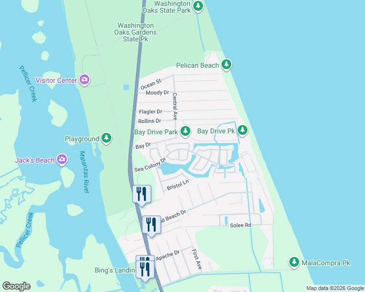 map of restaurants, bars, coffee shops, grocery stores, and more near 23 Bedford Drive in Palm Coast