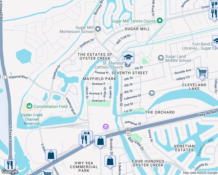map of restaurants, bars, coffee shops, grocery stores, and more near 235 Avenue F in Sugar Land