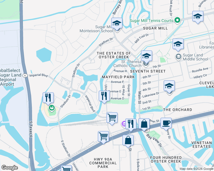 map of restaurants, bars, coffee shops, grocery stores, and more near 518 Ulrich Street in Sugar Land