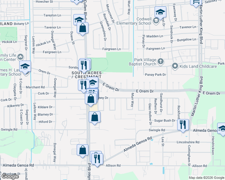 map of restaurants, bars, coffee shops, grocery stores, and more near in Houston