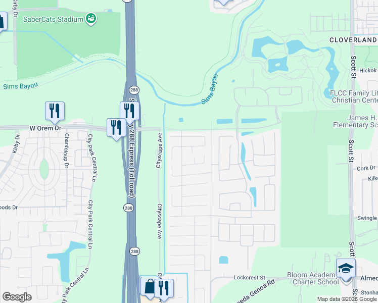 map of restaurants, bars, coffee shops, grocery stores, and more near 2619 Skyview Long Drive in Houston