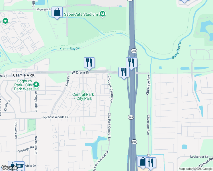 map of restaurants, bars, coffee shops, grocery stores, and more near 11800 City Park Central Lane in Houston