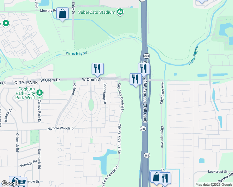 map of restaurants, bars, coffee shops, grocery stores, and more near 11800 City Park Central Lane in Houston
