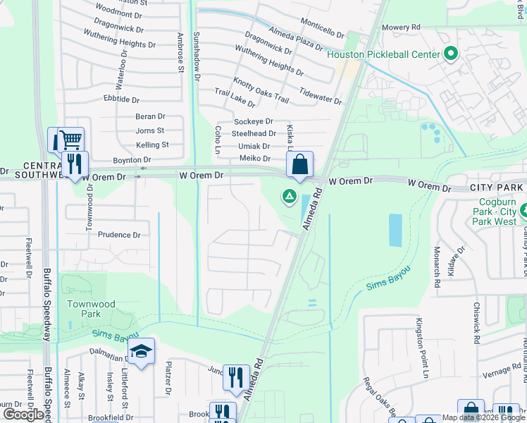 map of restaurants, bars, coffee shops, grocery stores, and more near 13902 Early Dew Court in Houston