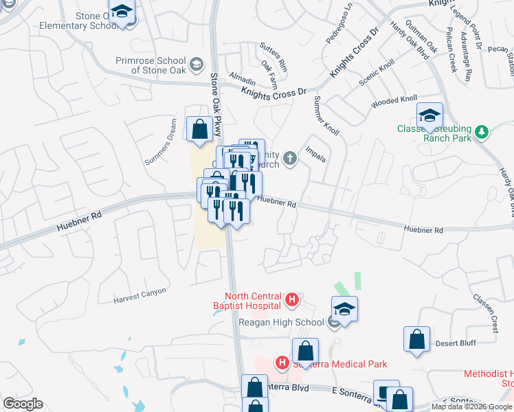map of restaurants, bars, coffee shops, grocery stores, and more near 20322 Huebner Road in San Antonio