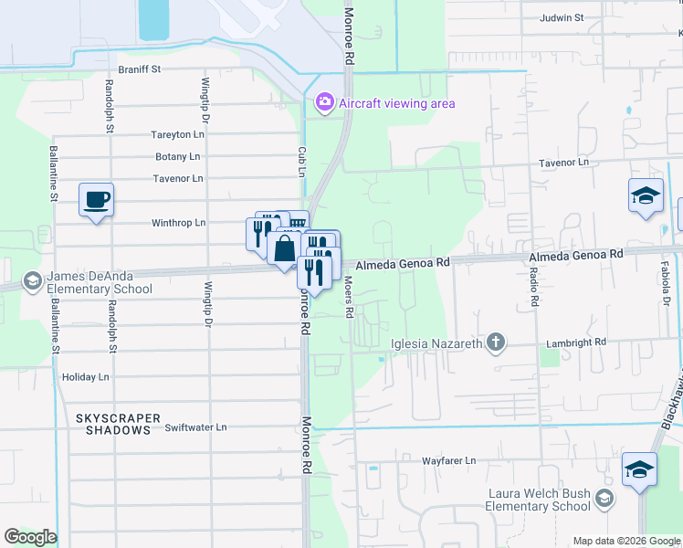 map of restaurants, bars, coffee shops, grocery stores, and more near 8530 Almeda-Genoa Road in Houston