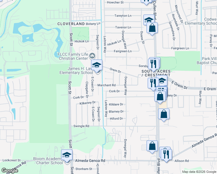 map of restaurants, bars, coffee shops, grocery stores, and more near 4023 Marchant Road in Houston