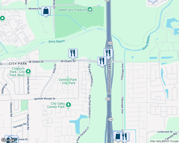 map of restaurants, bars, coffee shops, grocery stores, and more near 11800 City Park Central Lane in Houston
