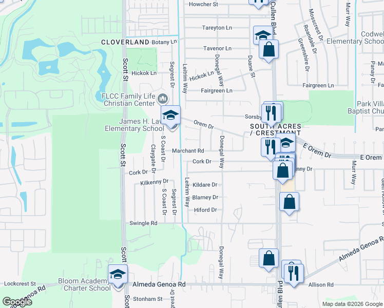 map of restaurants, bars, coffee shops, grocery stores, and more near 4023 Marchant Road in Houston
